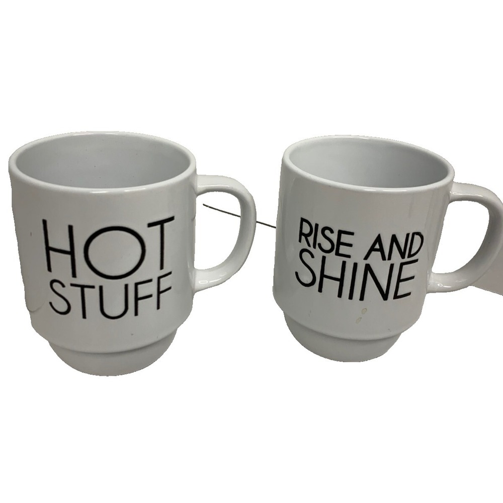 Coffee Mugs "Hot Sutff and Rise and Shine" Stackable Stoneware Set of 2 14 oz